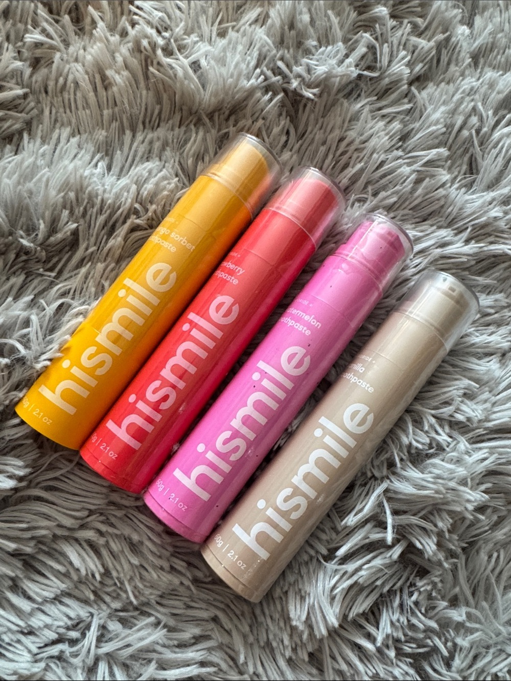 Hismile toothpaste, and four different flavors